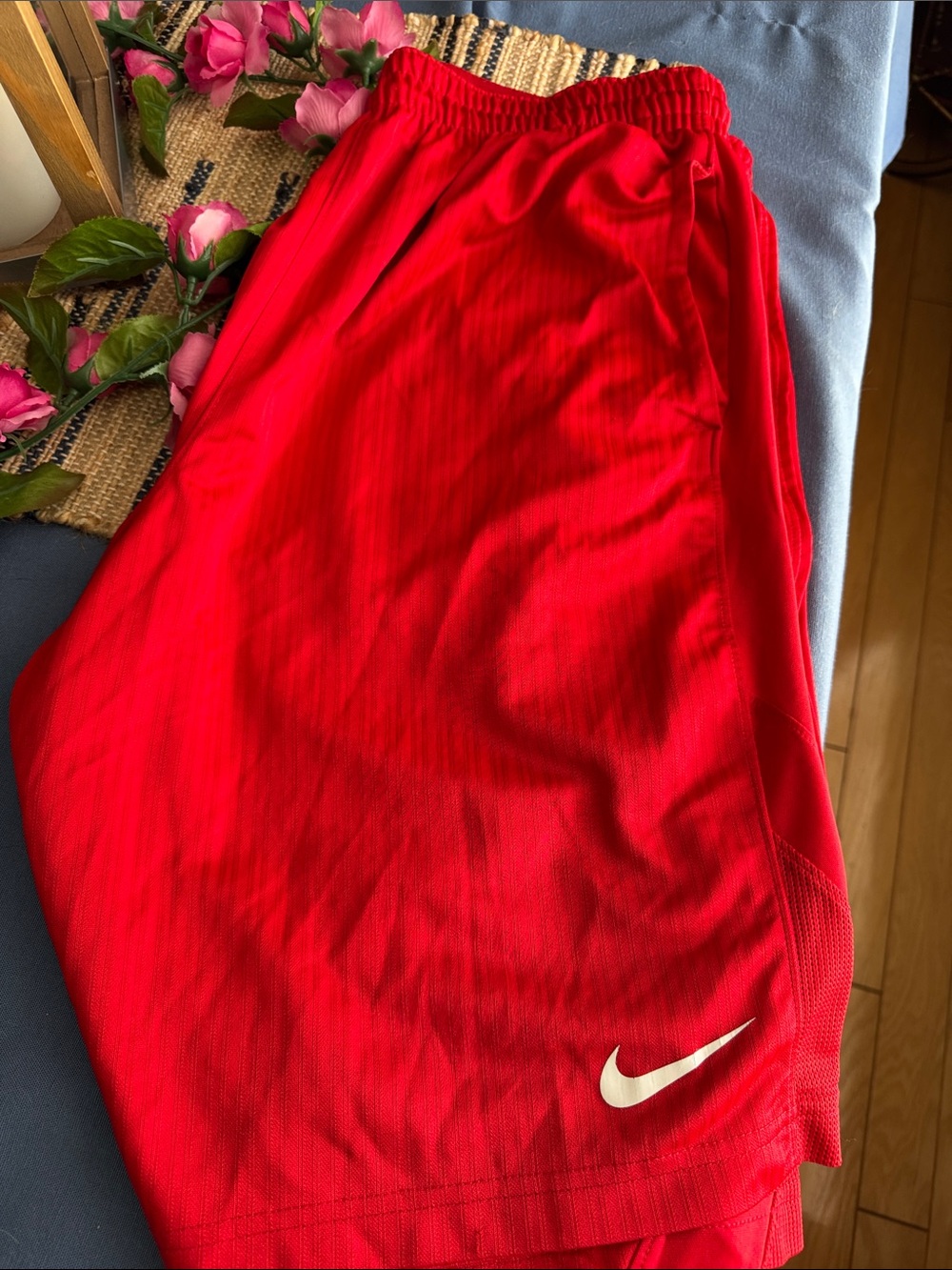 Nike Red Men’s Athletic Shorts with White Swoosh